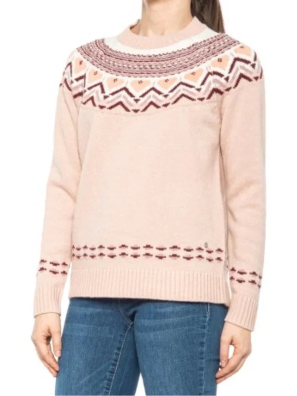 Kari Traa Sundve Knit Pale Pink Crewneck Sweater with Maroon Accents, XL, EUC